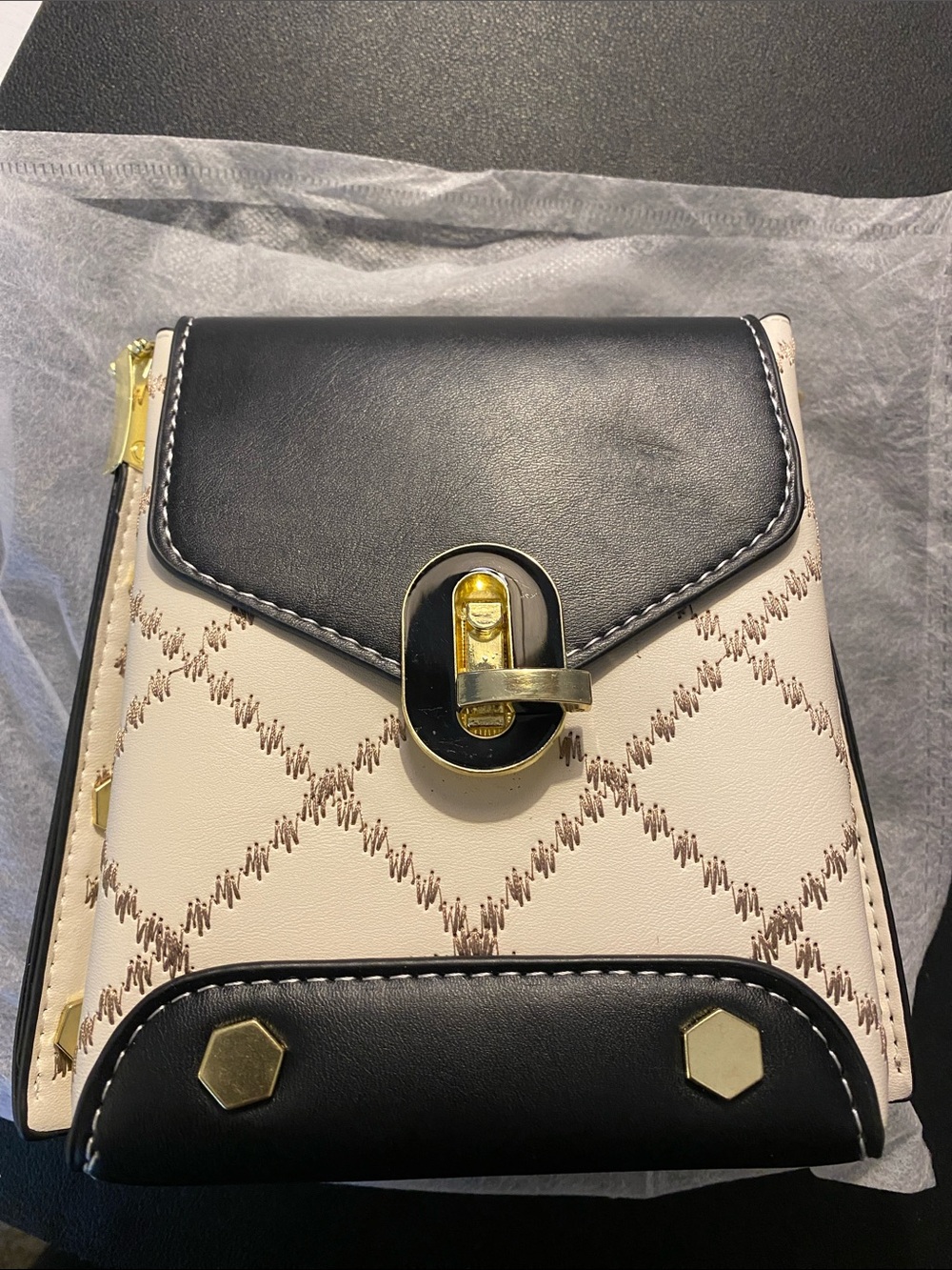 Women's Black and Cream Crossbody Bag with Gold Hardware
